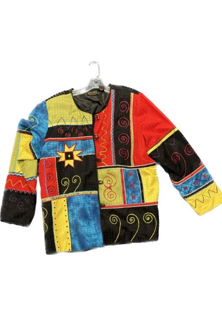 A colorful sweater with colorful designs on it.