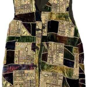 A multi colored patchwork vest on a mannequin.