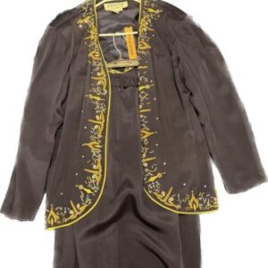 A black and gold jacket with yellow embroidery.