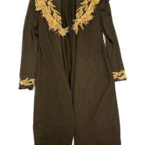 A green coat with gold trim.