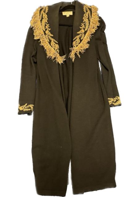 A green coat with gold trim.