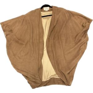 A tan cardigan hanging on a hanger.