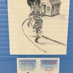 A drawing of a boy running down a street with a house in the background.